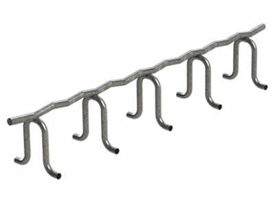 A galvanized long metal bolster with ten legs on the ground.